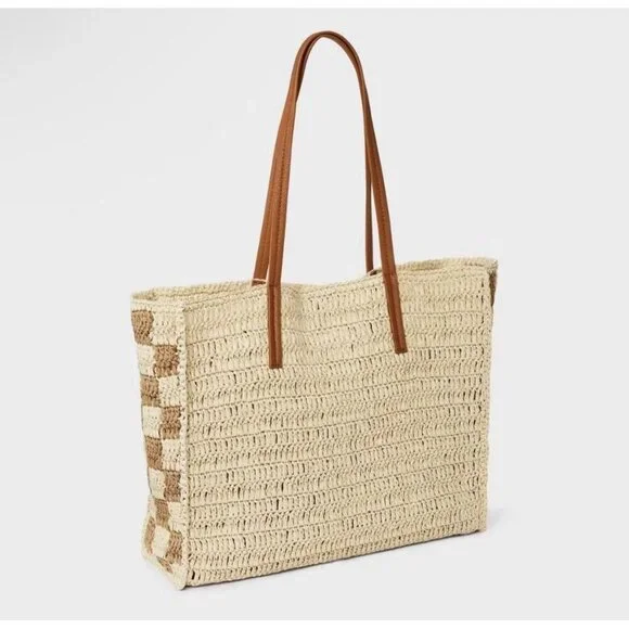 Universal Thread Straw Packable Checker Boxy Tote Beige NWT Summer Bag - Picture 3 of 10